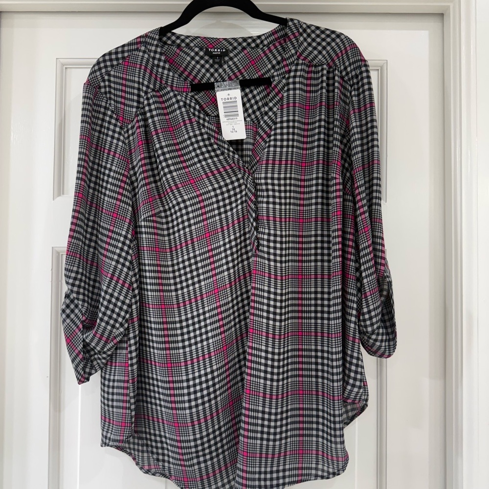 Torrid Black and Pink Plaid Blouse